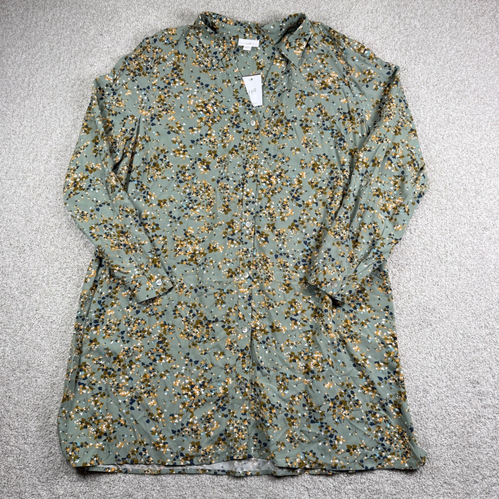NEW J. Jill Shirt Dress Women L Green Floral Rayon Button Down Tunic